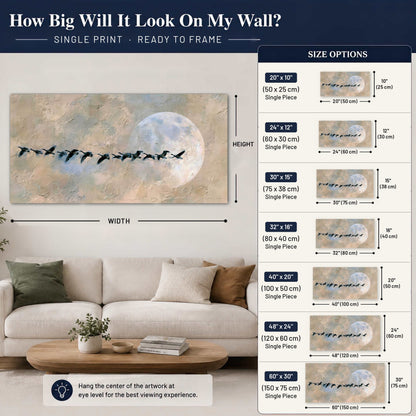 Geese flying across the moon painting poster print size guide above a sofa