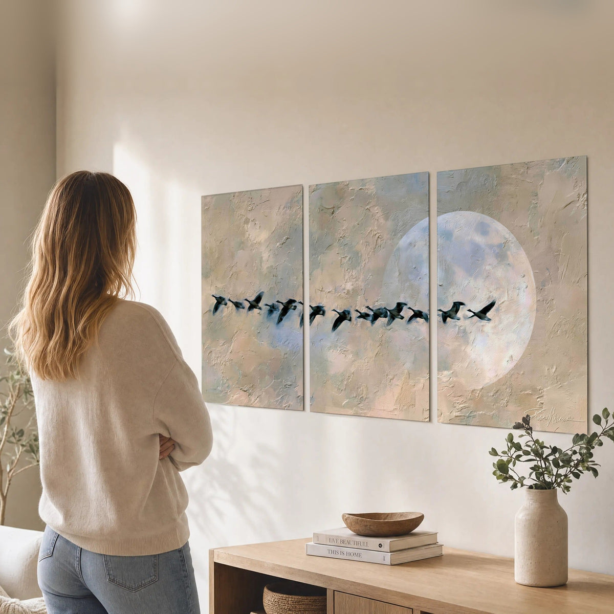Geese flying across the moon painting set of 3 poster prints in a living room