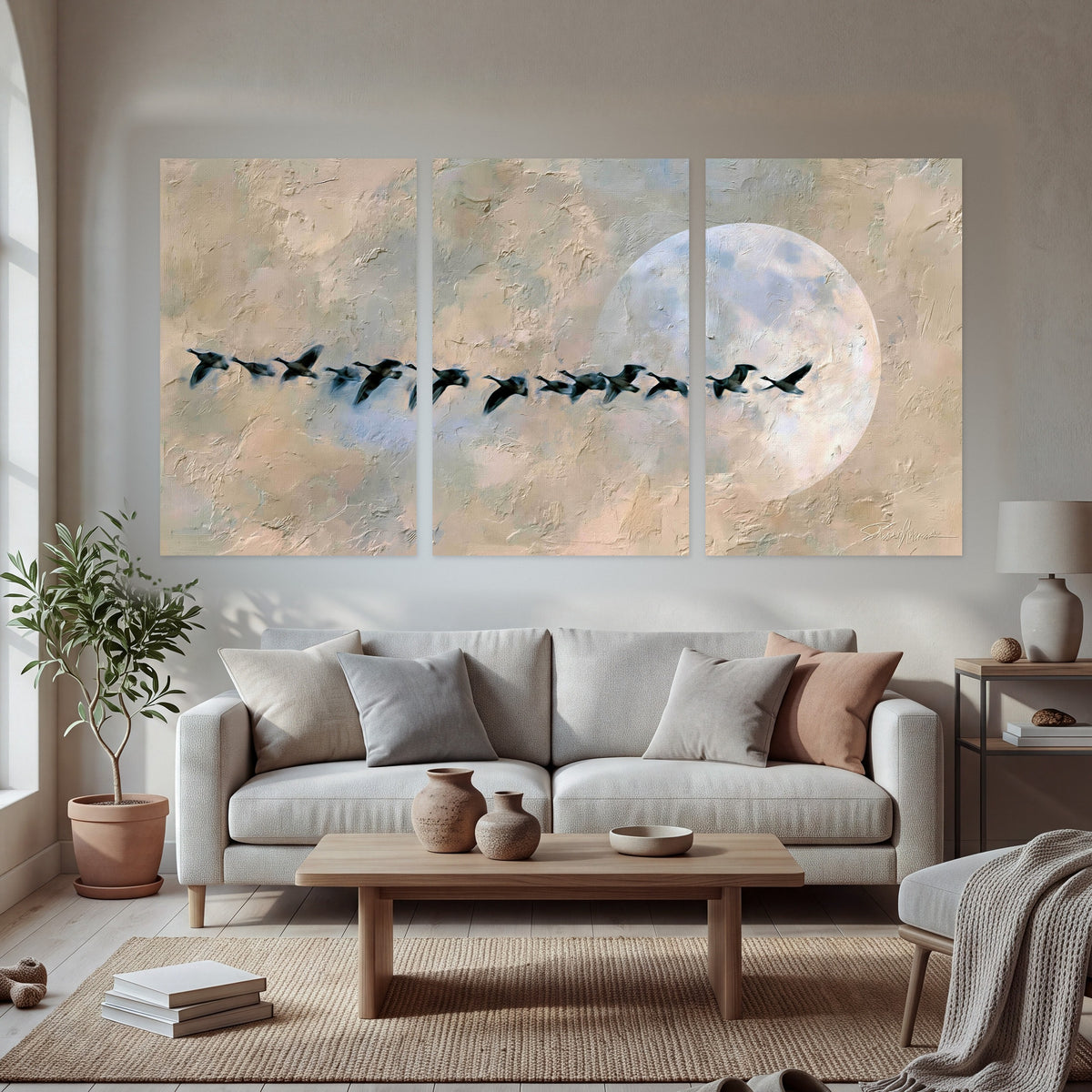 Geese flying across the moon painting set of 3 poster prints in a bright living room