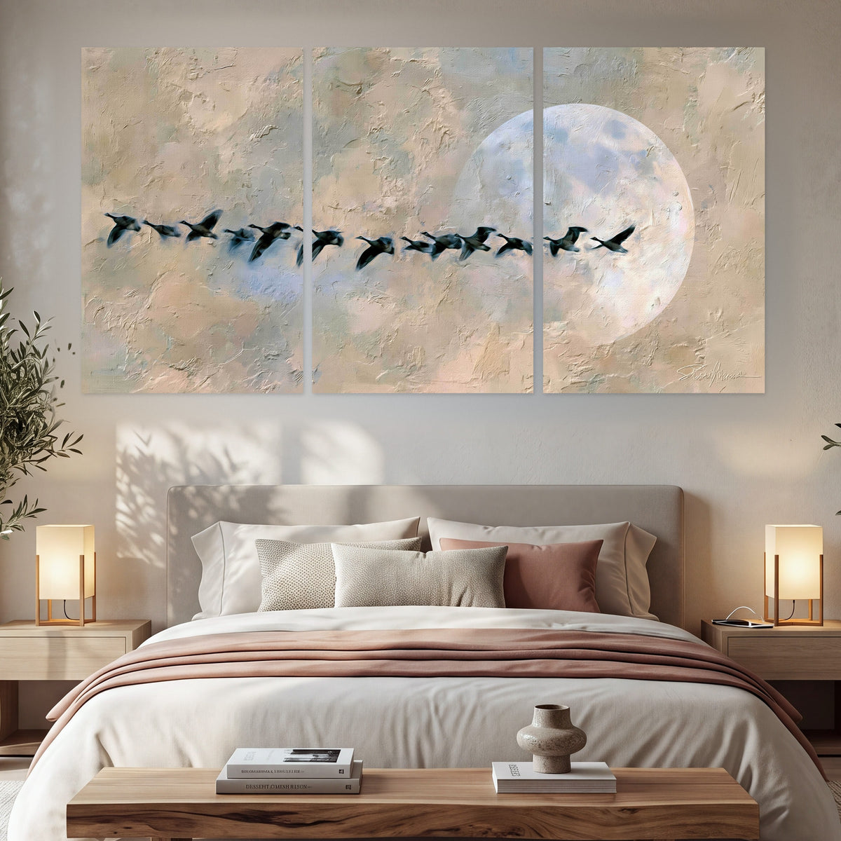 Geese flying across the moon painting set of 3 poster prints in a bedroom above the bed