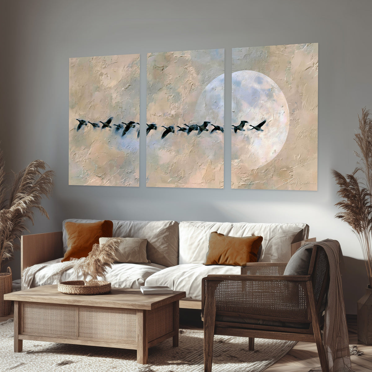 Geese flying across the moon painting set of 3 poster prints in a rustic living room