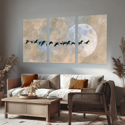 Geese flying across the moon painting set of 3 poster prints in a rustic living room