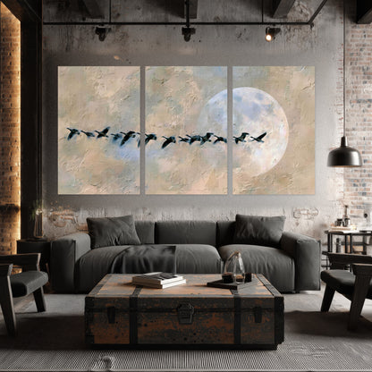 Geese flying across the moon painting set of 3 poster prints in an industrial loft
