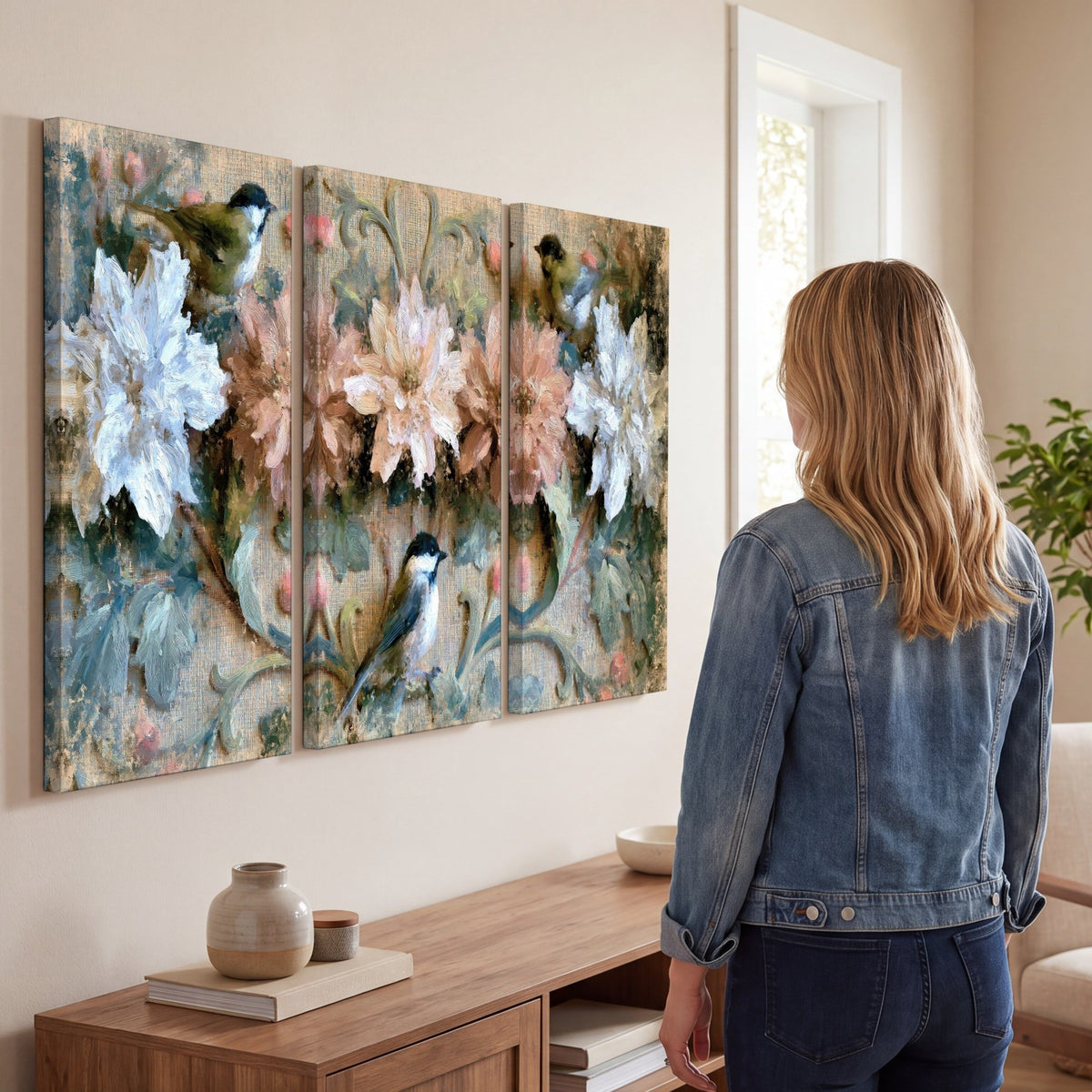 Chickadee birds and flowers painting 3 piece canvas wall art in a living room