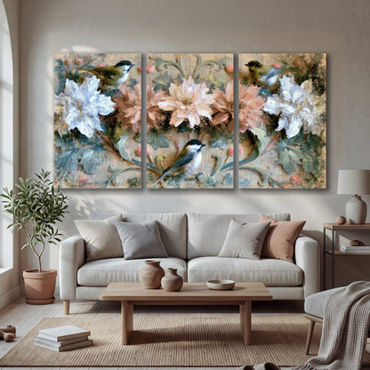 Chickadee birds and flowers painting 3 piece canvas wall art in a bright living room