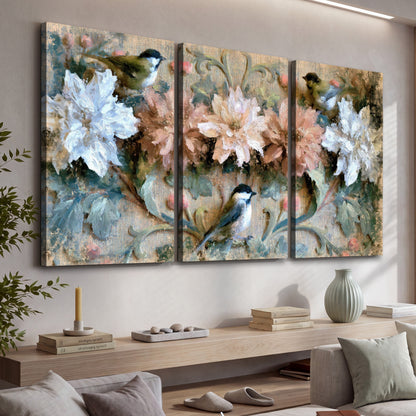 Chickadee birds and flowers painting 3 piece canvas wall art in a living room above a console