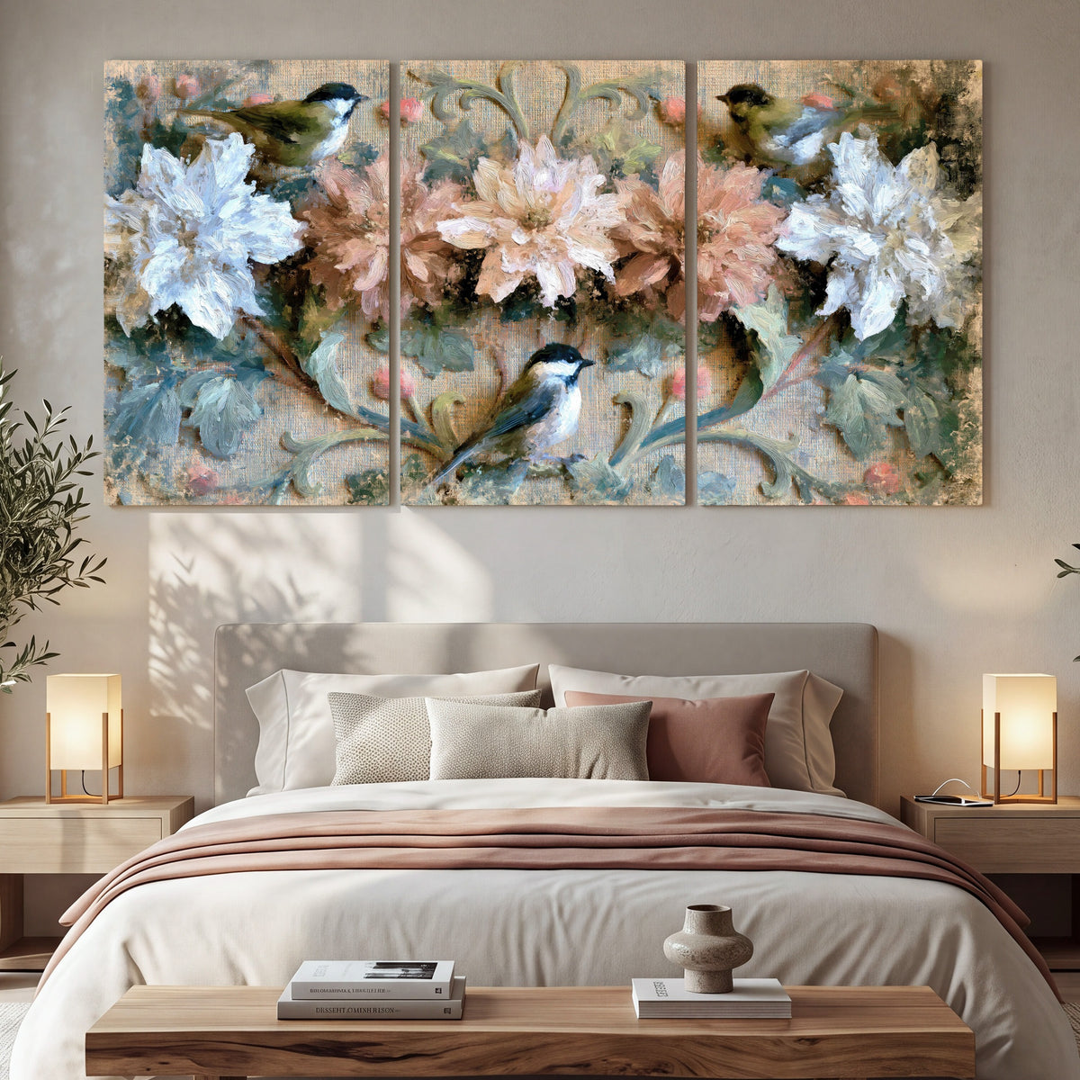 Chickadee birds and flowers painting 3 piece canvas wall art in a bedroom above the bed