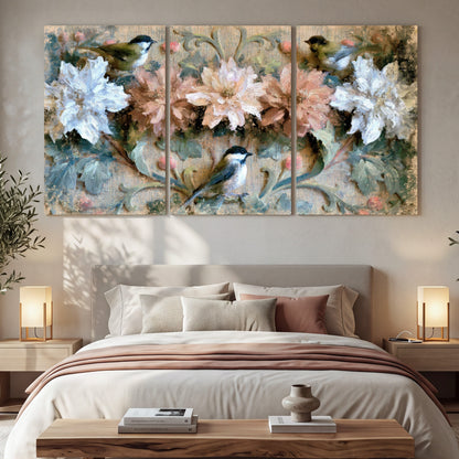Chickadee birds and flowers painting 3 piece canvas wall art in a bedroom above the bed