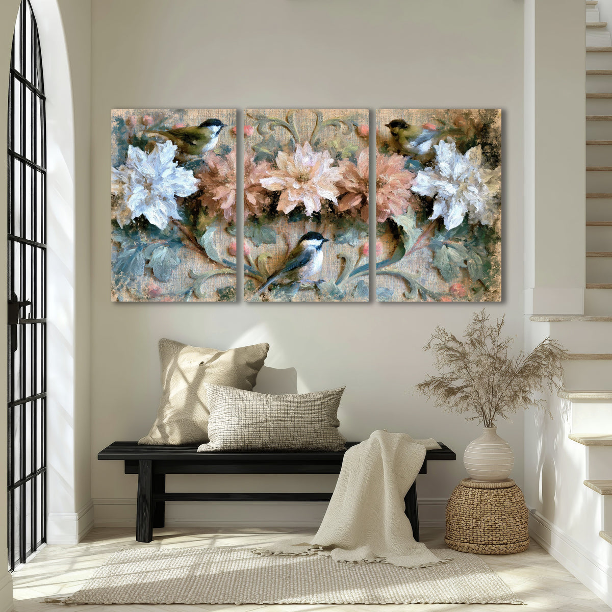 Chickadee birds and flowers painting 3 piece canvas wall art in an entryway above a bench