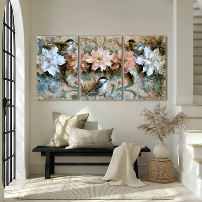 Chickadee birds and flowers painting 3 piece canvas wall art in an entryway above a bench