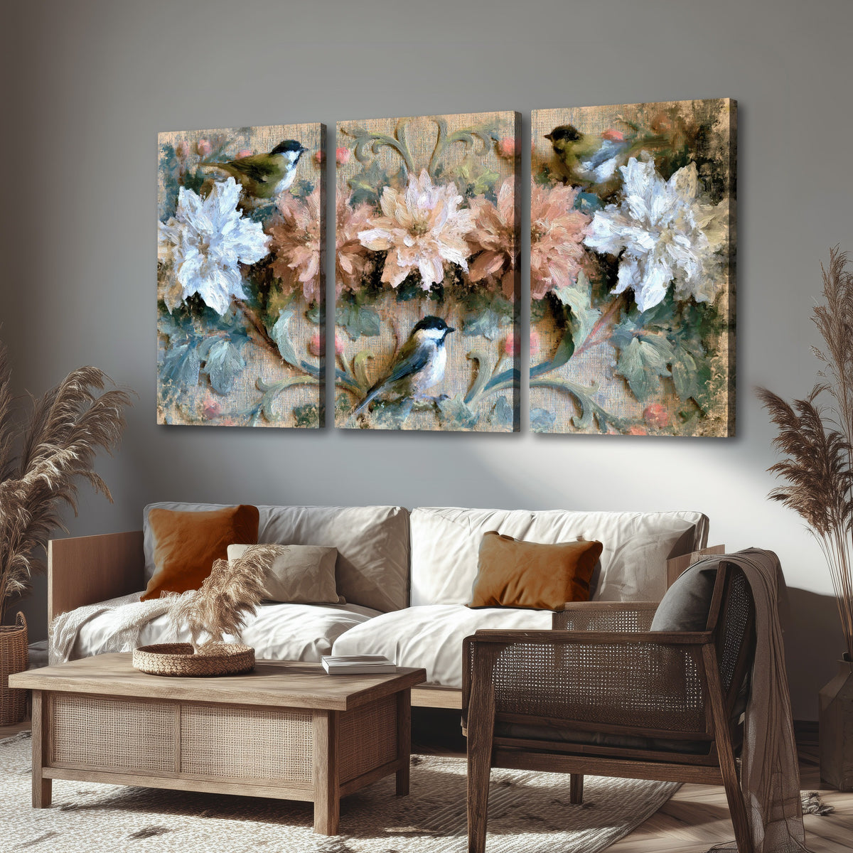Chickadee birds and flowers painting 3 piece canvas wall art in a rustic living room