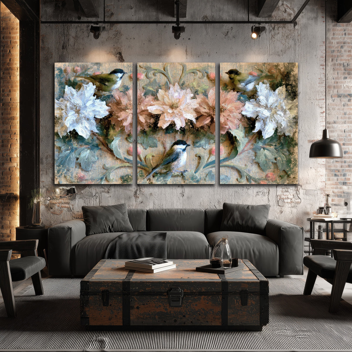 Chickadee birds and flowers painting 3 piece canvas wall art in an industrial loft