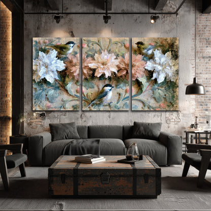 Chickadee birds and flowers painting 3 piece canvas wall art in an industrial loft