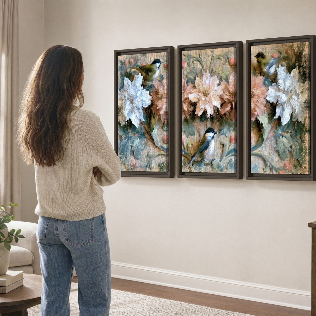 Chickadee birds and flowers painting 3 piece framed canvas in a living room