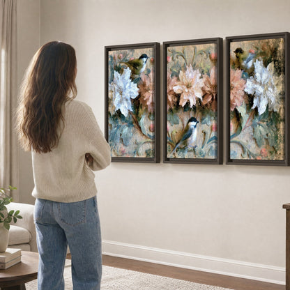 Chickadee birds and flowers painting 3 piece framed canvas in a living room