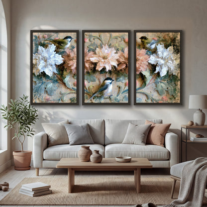 Chickadee birds and flowers painting 3 piece framed canvas in a bright living room