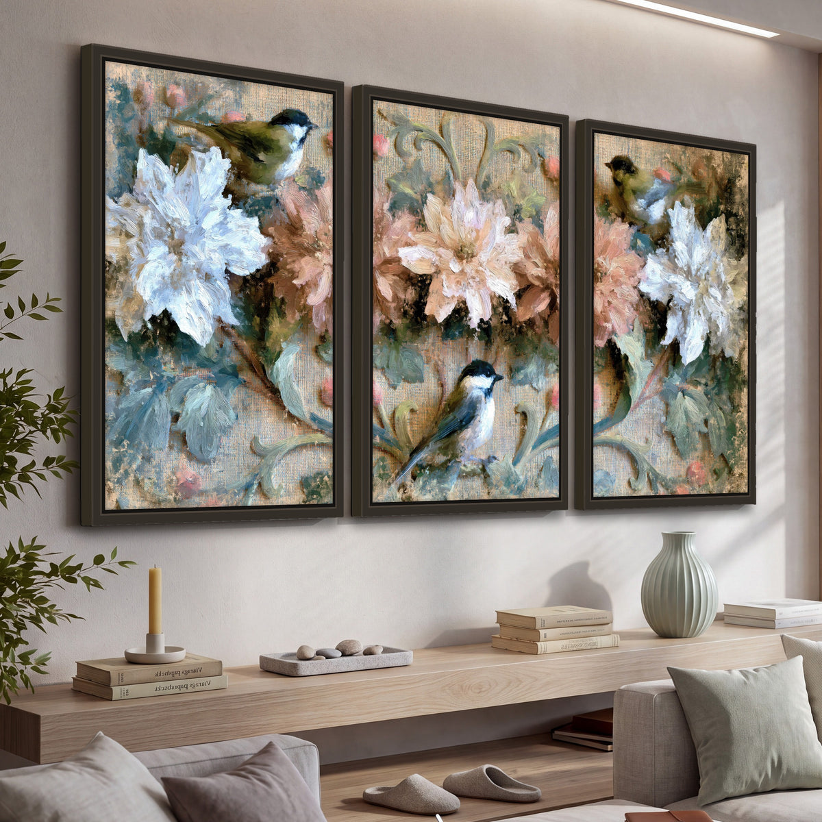 Chickadee birds and flowers painting 3 piece framed canvas in a living room above a console