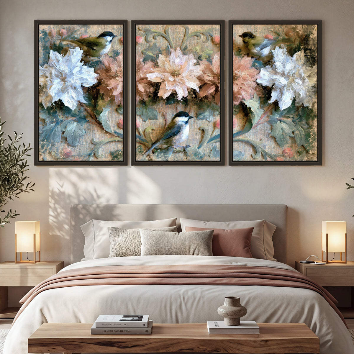 Chickadee birds and flowers painting 3 piece framed canvas in a bedroom above the bed