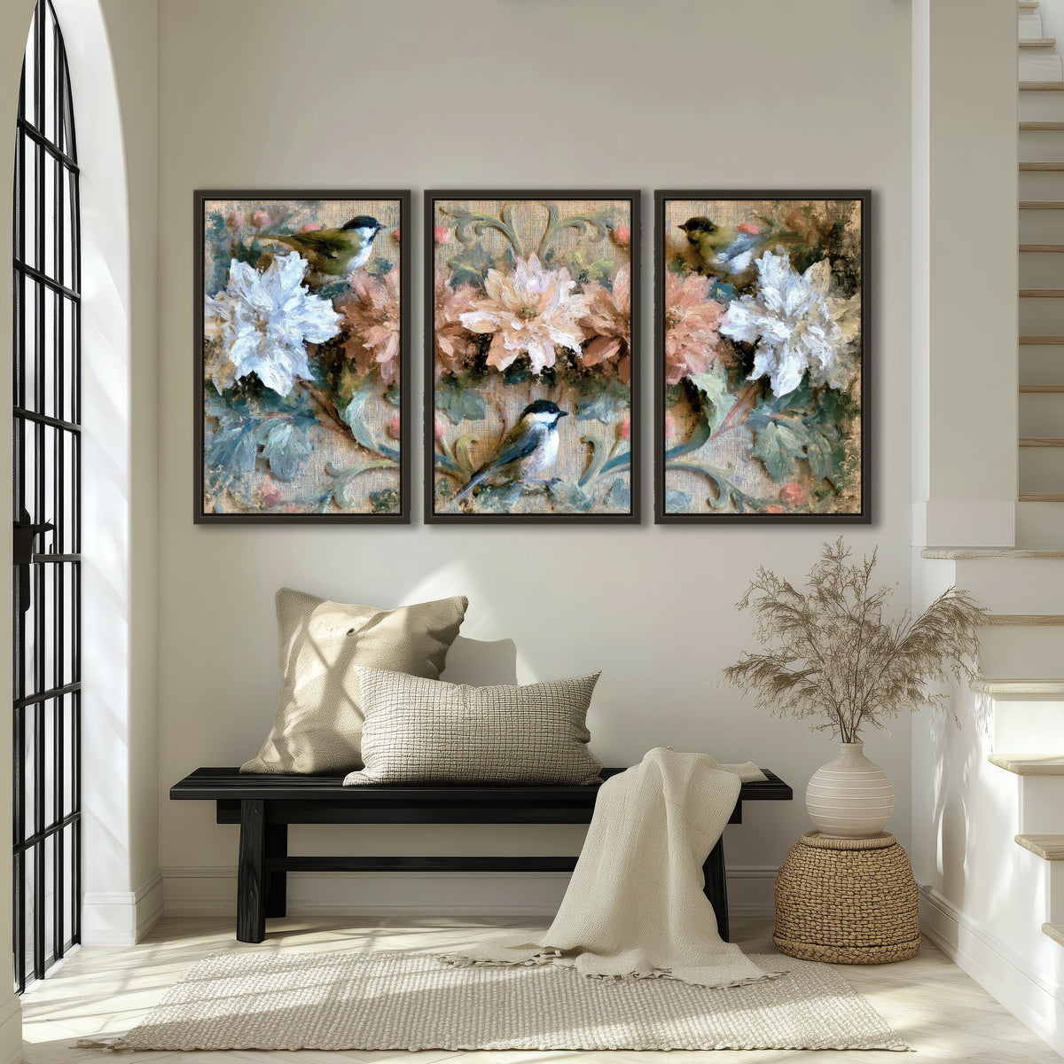 Chickadee birds and flowers painting 3 piece framed canvas in an entryway above a bench