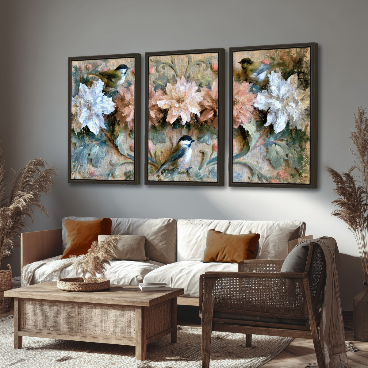 Chickadee birds and flowers painting 3 piece framed canvas in a rustic living room