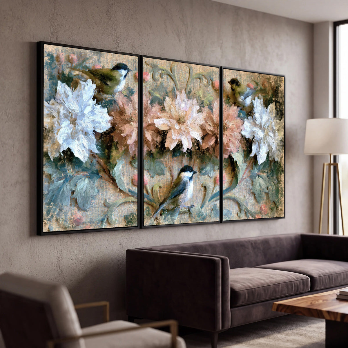 Chickadee birds and flowers painting 3 piece framed canvas in a modern living room