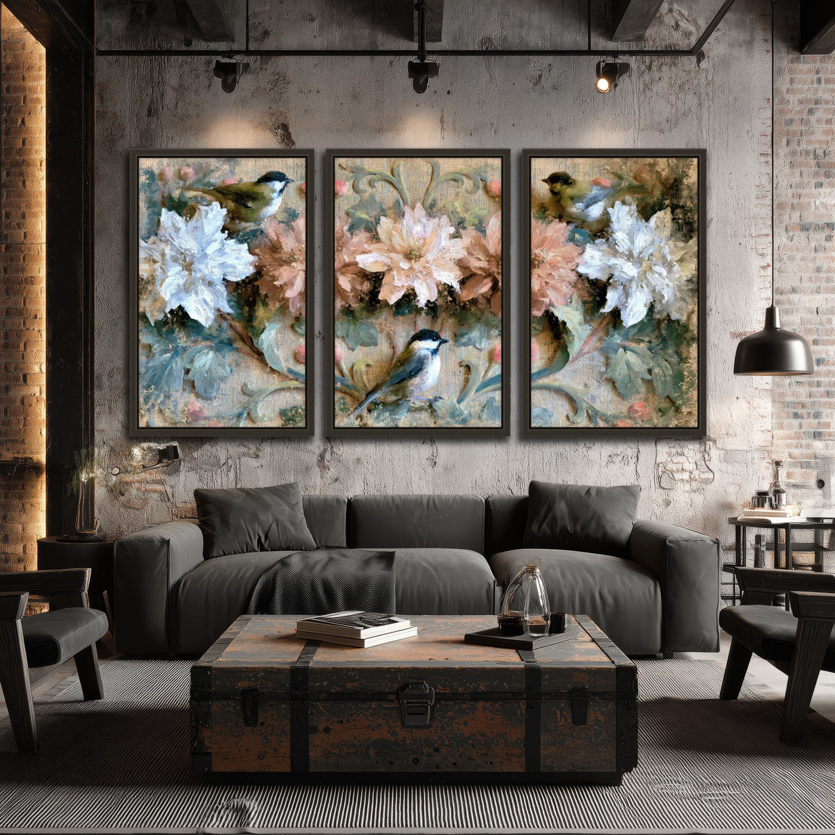 Chickadee birds and flowers painting 3 piece framed canvas in an industrial loft