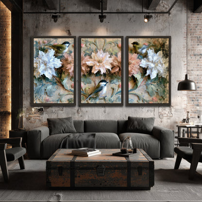 Chickadee birds and flowers painting 3 piece framed canvas in an industrial loft