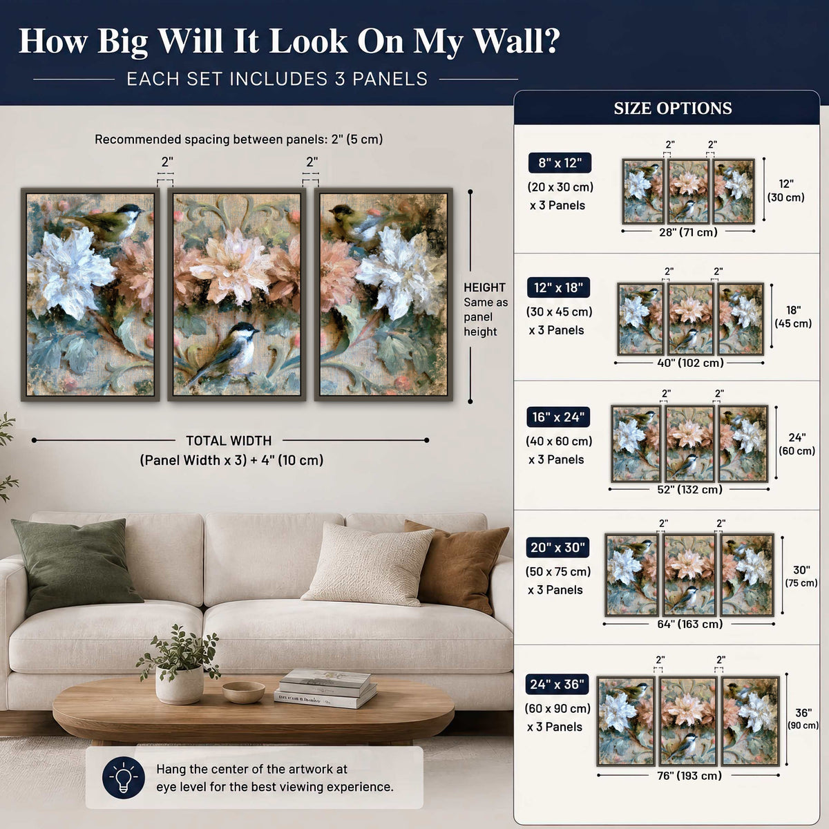 Chickadee birds and flowers painting 3 piece framed canvas size guide above a sofa