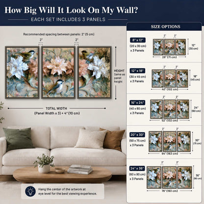 Chickadee birds and flowers painting 3 piece framed canvas size guide above a sofa