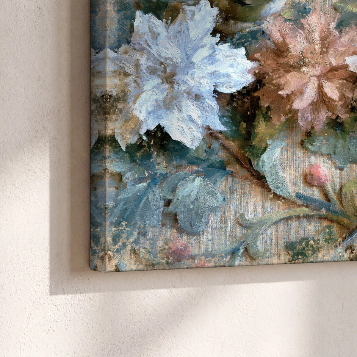 Chickadee birds and flowers painting canvas print close-up showing the gallery-wrapped edge