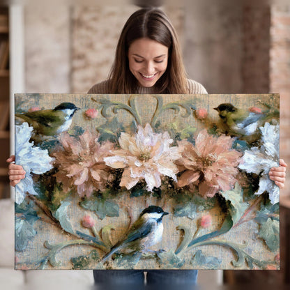 Chickadee birds and flowers painting canvas wall art held in hands