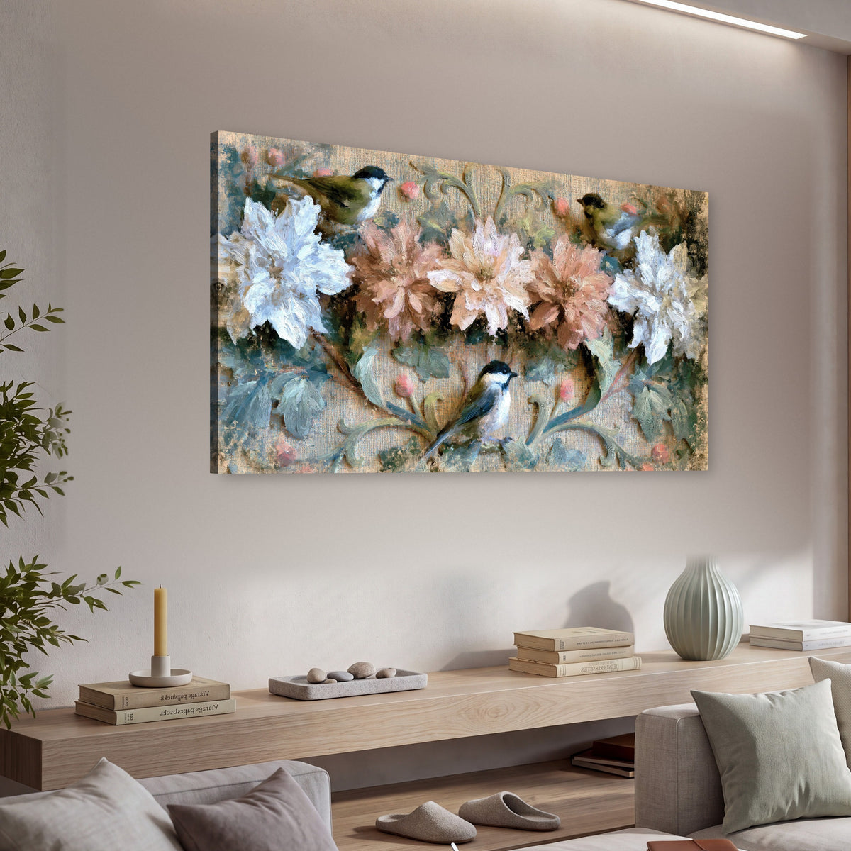 Chickadee birds and flowers painting canvas wall art in a living room above a console