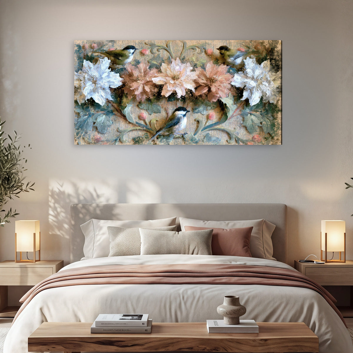 Chickadee birds and flowers painting canvas wall art in a bedroom above the bed