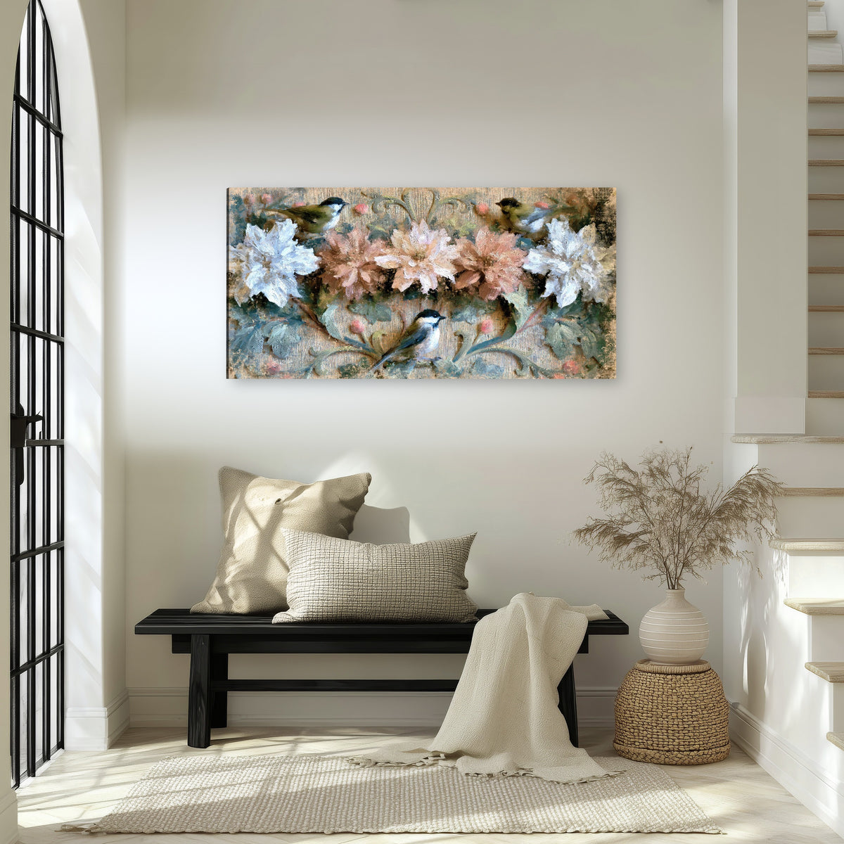 Chickadee birds and flowers painting canvas wall art in an entryway above a bench