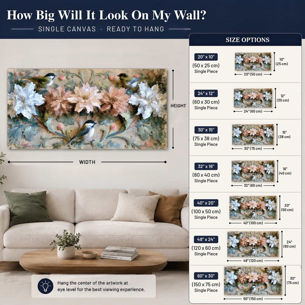 Chickadee birds and flowers painting canvas wall art size guide above a sofa