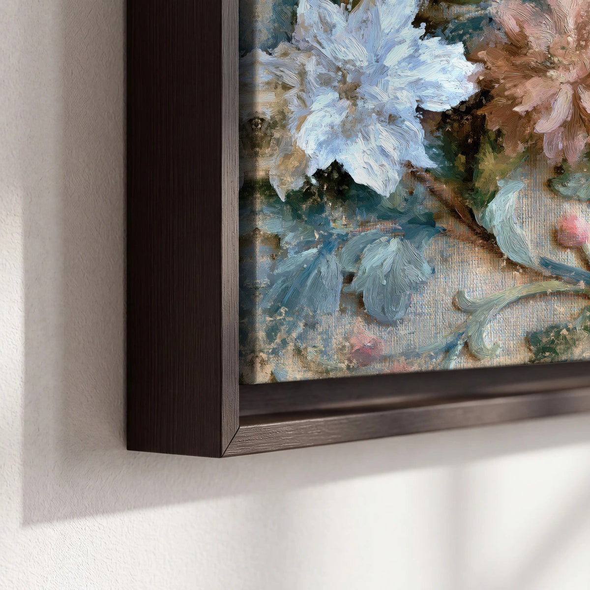 Chickadee birds and flowers painting framed canvas close-up showing the floating frame