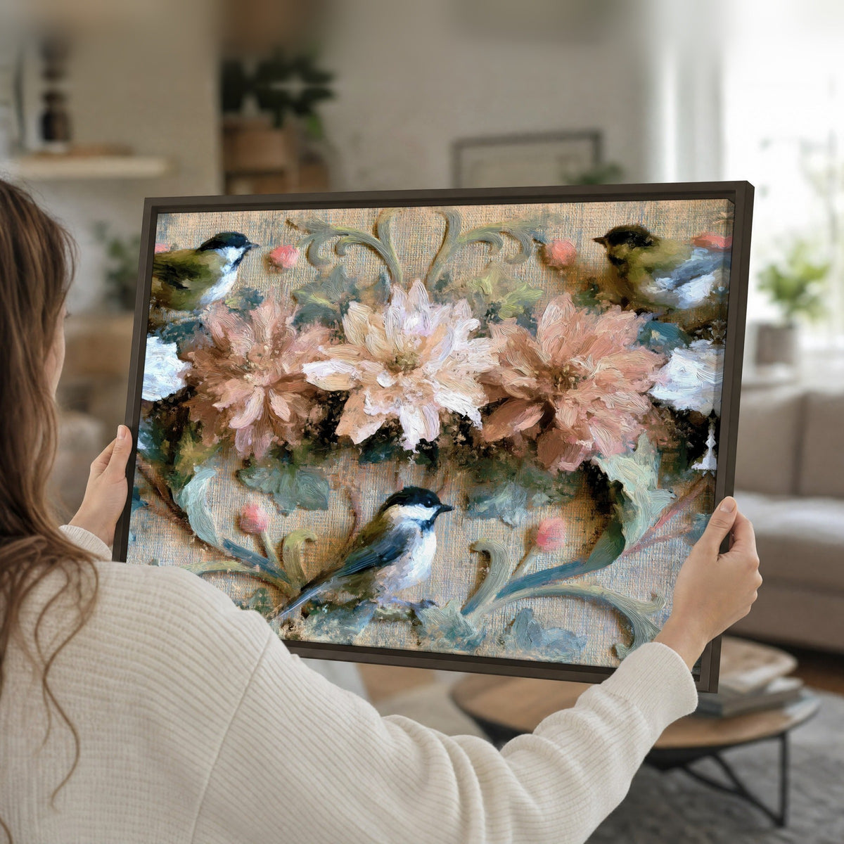 Chickadee birds and flowers painting framed canvas held in hands