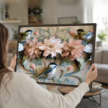 Chickadee birds and flowers painting framed canvas held in hands