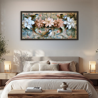 Chickadee birds and flowers painting framed canvas wall art in a bedroom above the bed
