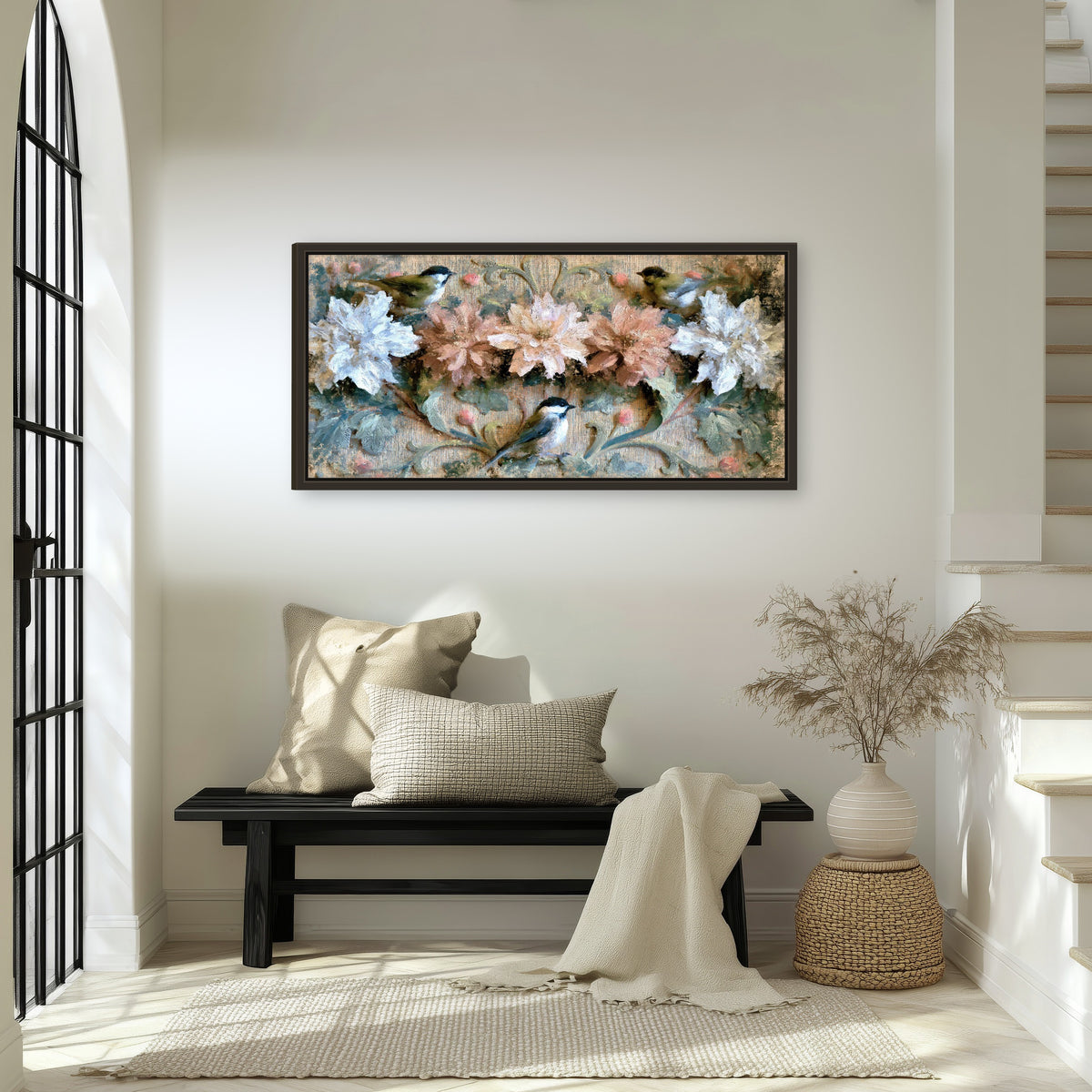 Chickadee birds and flowers painting framed canvas wall art in an entryway above a bench