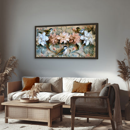 Chickadee birds and flowers painting framed canvas wall art in a rustic living room