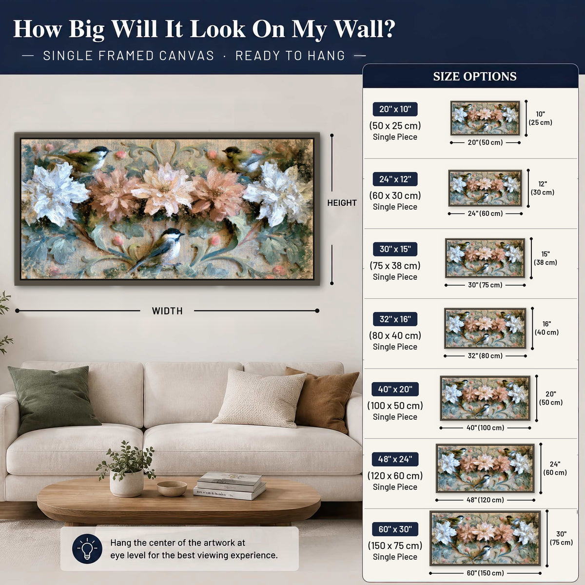 Chickadee birds and flowers painting framed canvas wall art size guide above a sofa