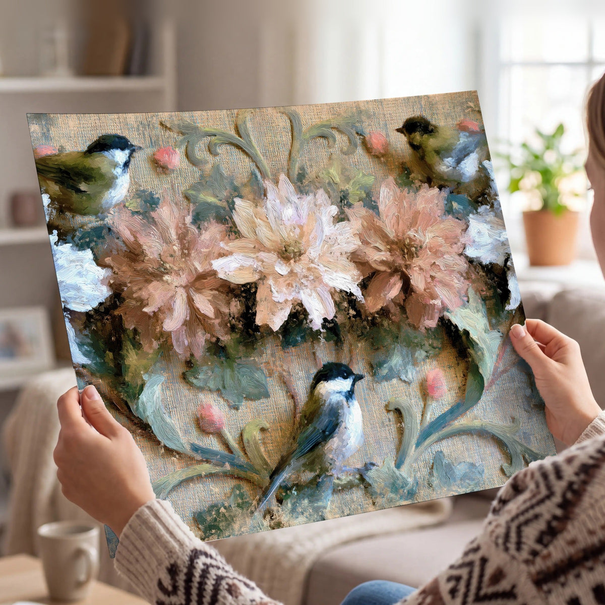 Chickadee birds and flowers painting poster print held in hands