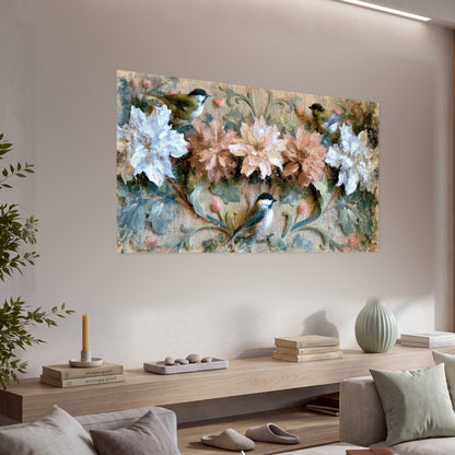 Chickadee birds and flowers painting poster print in a living room above a console