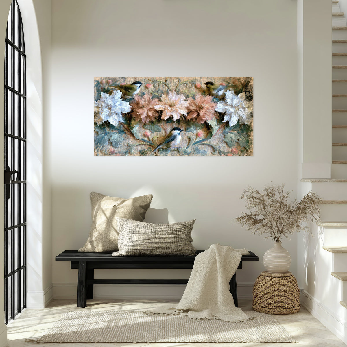 Chickadee birds and flowers painting poster print in an entryway above a bench