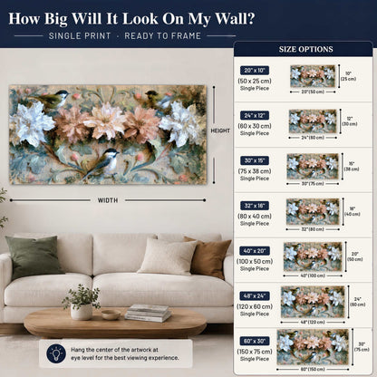 Chickadee birds and flowers painting poster print size guide above a sofa