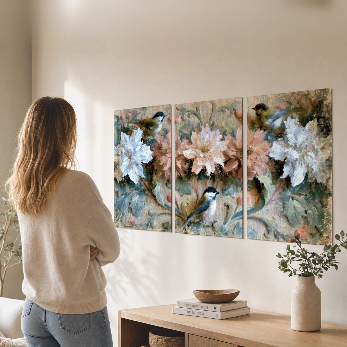 Chickadee birds and flowers painting set of 3 poster prints in a living room