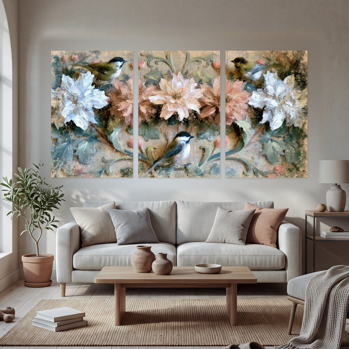 Chickadee birds and flowers painting set of 3 poster prints in a bright living room