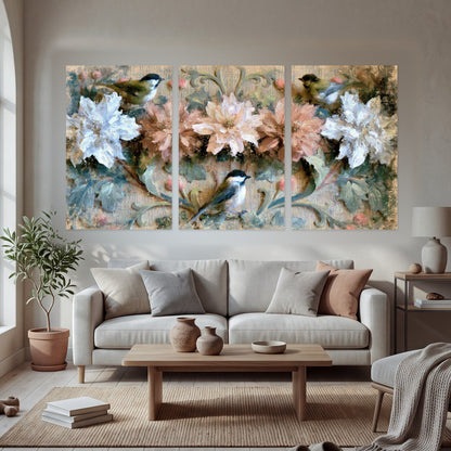 Chickadee birds and flowers painting set of 3 poster prints in a bright living room