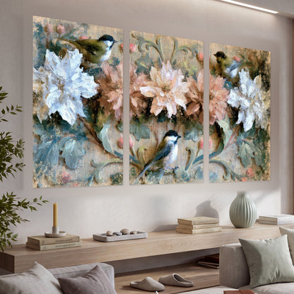 Chickadee birds and flowers painting set of 3 poster prints in a living room above a console